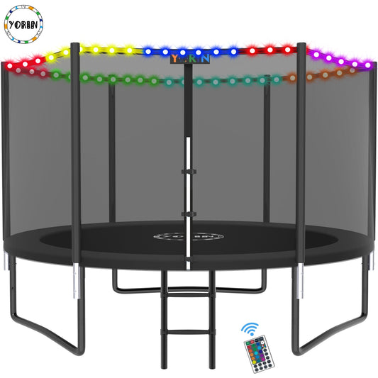 YORIN Trampoline for 2-3 Kids, 8 FT 10FT 12FT 14FT Trampoline for Adults with Enclosure Net, Ladder, Light, 800LBS Weight Capacity Outdoor Round Recreational Trampoline, Heavy Duty Trampoline