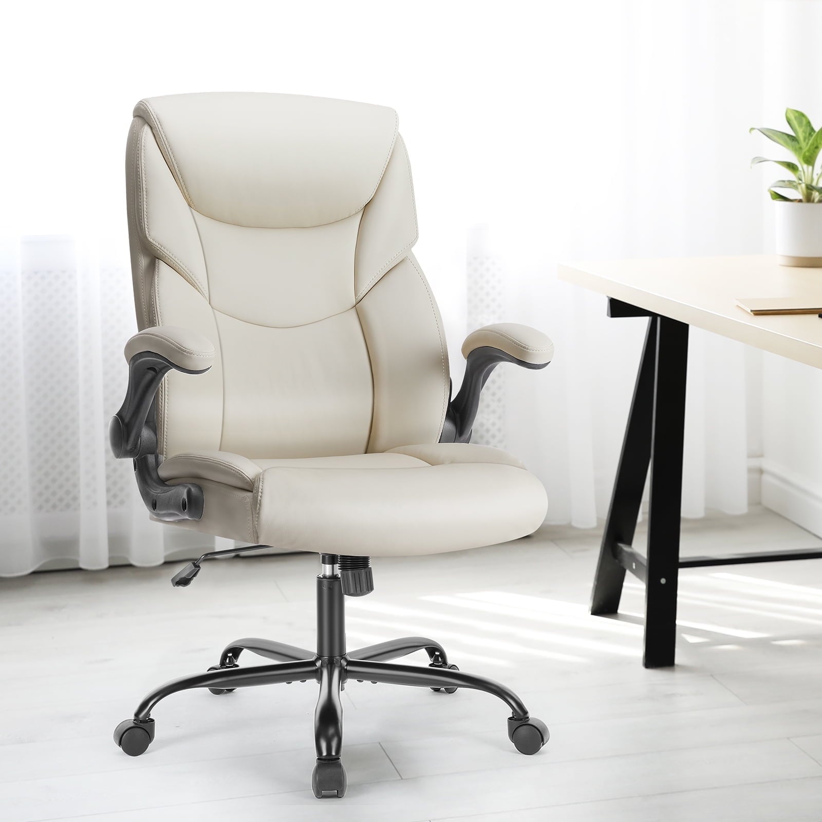 edx Computer Gaming Chair, Ergonomic High Back Heavy Duty Task Desk Office Chairs with Wheels, Flip-up Arms, Adjustable Height, PU Leather, White