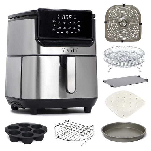 Yedi Evolution Air Fryer, 6.8 Quart, Stainless Steel, Ceramic Cooking Basket, with Deluxe Accessory Kit and Recipe Book