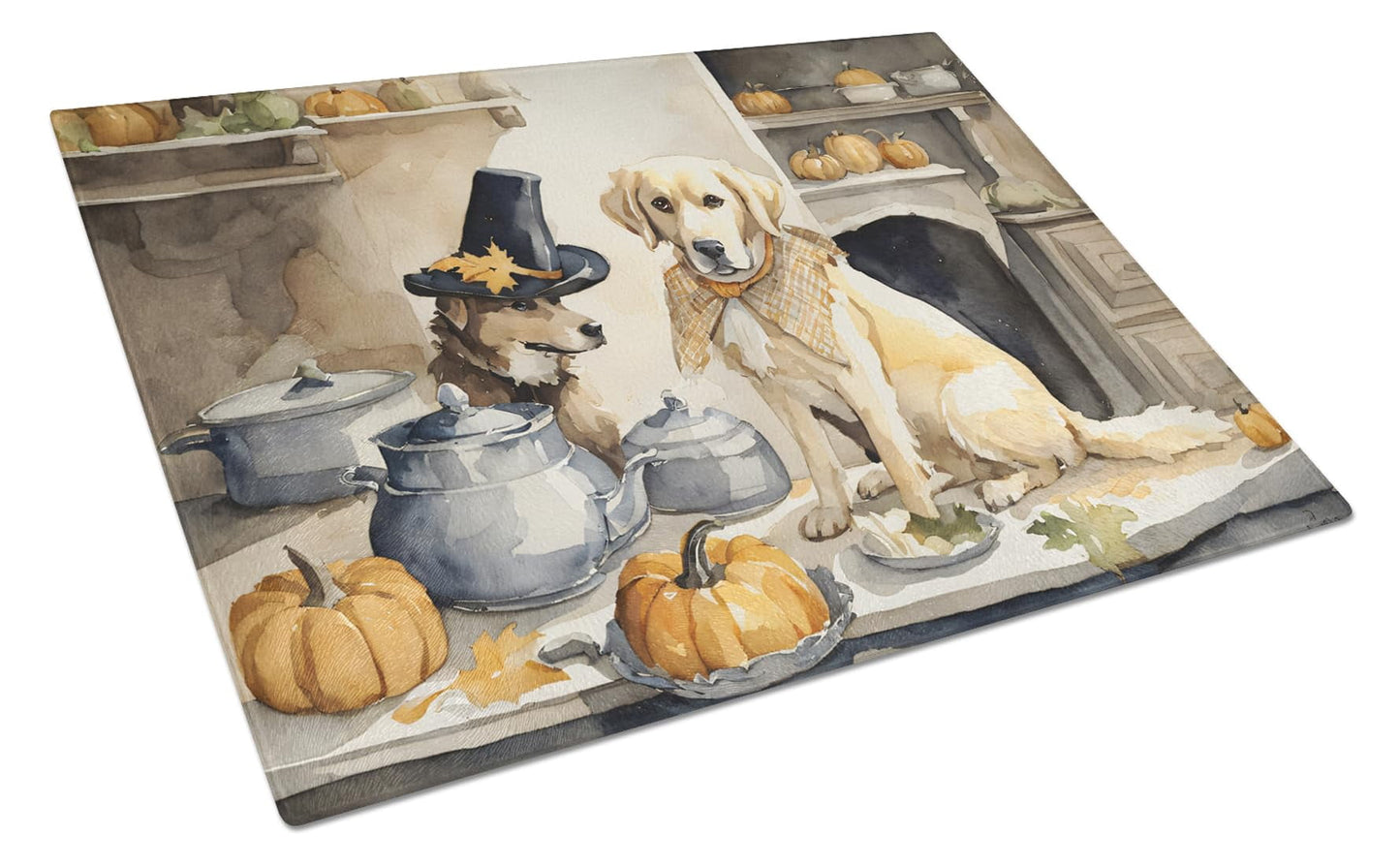 Yellow Lab Fall Kitchen Pumpkins Glass Cutting Board Large 12 in x 15 in
