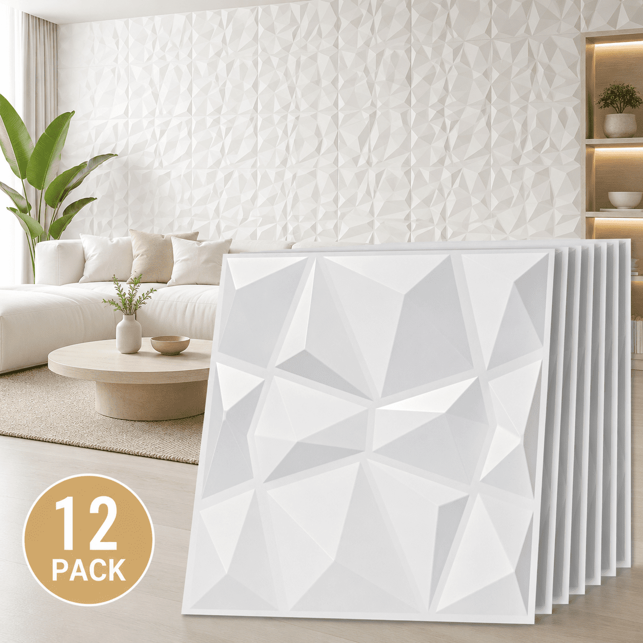 Yeslife 12-Pack 19.69"x19.69" PVC 3D Embossed Wall Panels, Snow White Geometric Accent Wall Coverings for Living Room Office TV Wall