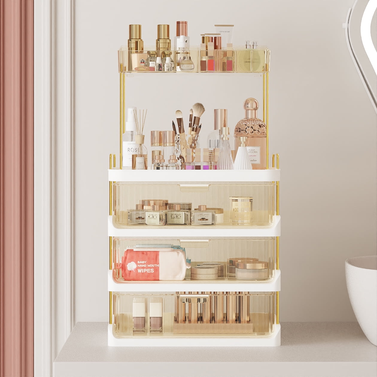 Yoneston 4-Tier Vanity Organizer with 3 Drawers, 22â€H Large Storage Bathroom Countertop Organizer, Multi-Purpose Makeup Organizer Countertop Cosmetics, Amber