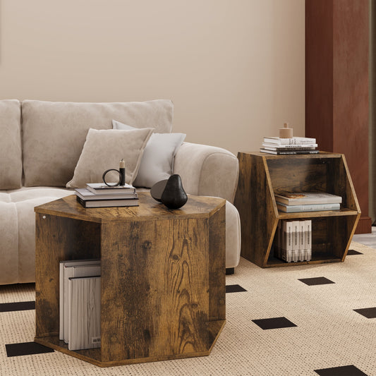 Yoneston 2PCS Hexagonal Coffee Table with 2 Open Storage Space, Wood Side Table Nightstand with Multiple Layouts, Antique Brown