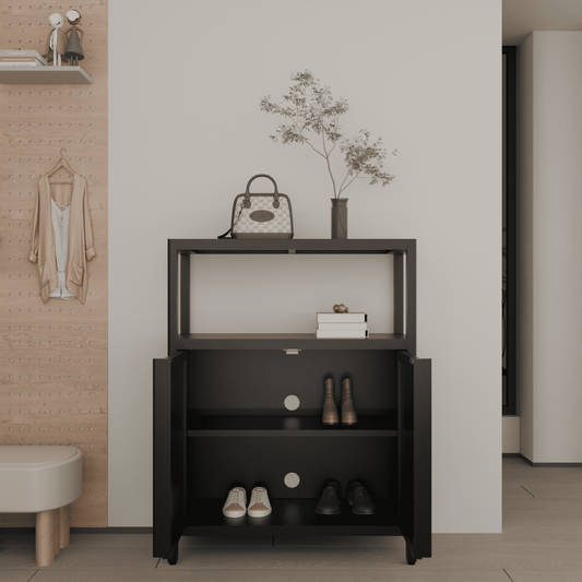 Yoneston 3-Tier Bamboo Bathroom Shelf Storage Cabinet, Freestanding Floor Cabinet with 2 Doors for Entryway, Living Room, Black