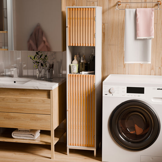 Yoneston 65â€Tall Bathroom Storage Cabinet with 2 Bamboo Slats Door & 5 Shelves, Freestanding Narrow Storage Cabinet for Laundry Room Bathroom, White