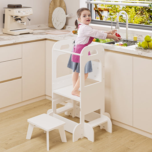 Yoneston Adjustable Kids Learning Standing Tower with One Stool, Wooden Step Stool with Safety Rails, Kitchen Stool Helper for Toddlers, White