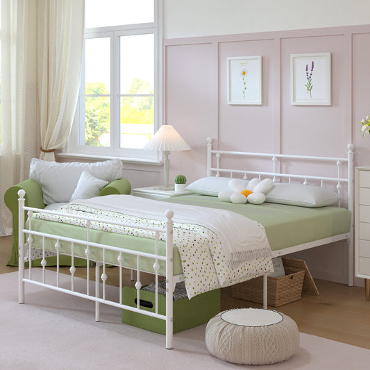 Yoneston Full Size Metal Platform Frame with Retro Headboard and 14-Inch Storage, No Box Spring Needed - White