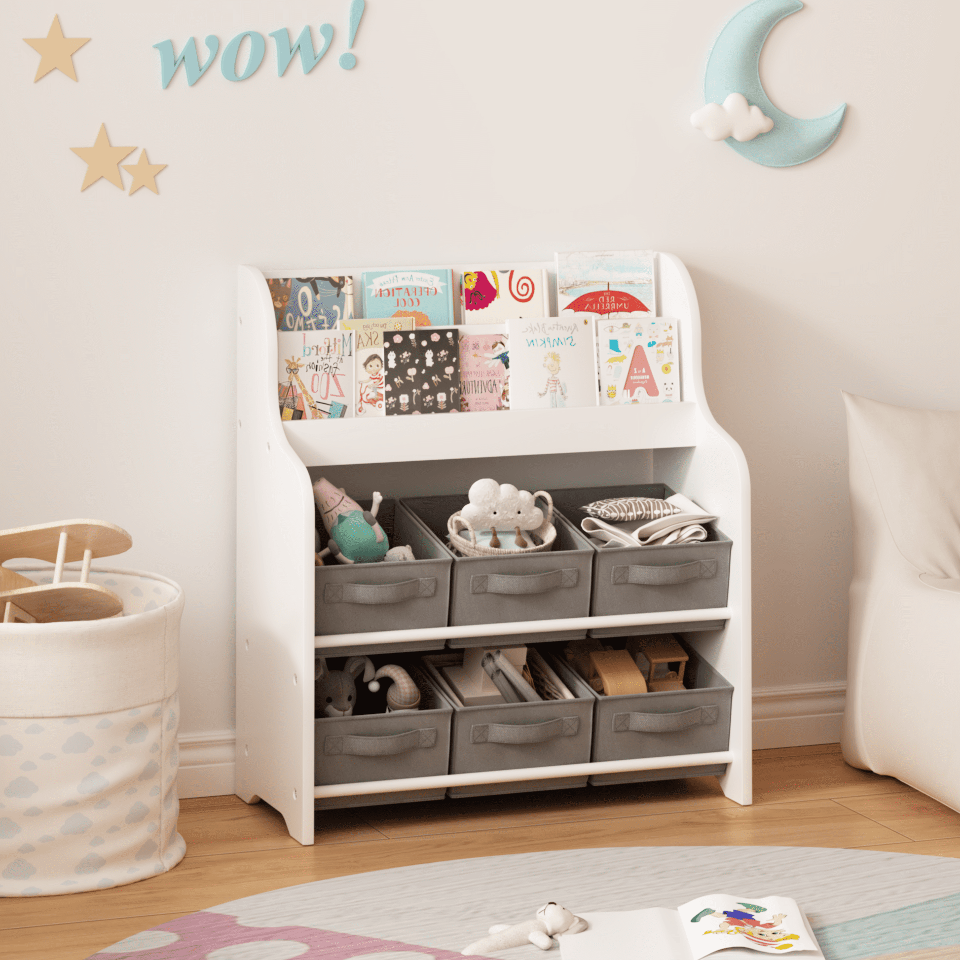 Yoneston Kids Bookshelf with 6 Fabric Storage Bins & 2 Tier Shelves, Wooden Book Rack with Solid Legs for Playroom Nursery Bedroom, White & Gray