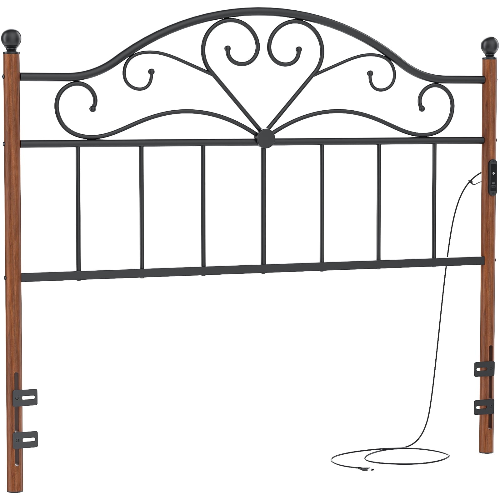 Yoneston Vintage Metal Queen Headboard with Charging and 3-Level Height Adjustment for Queen Adult Bed, Black