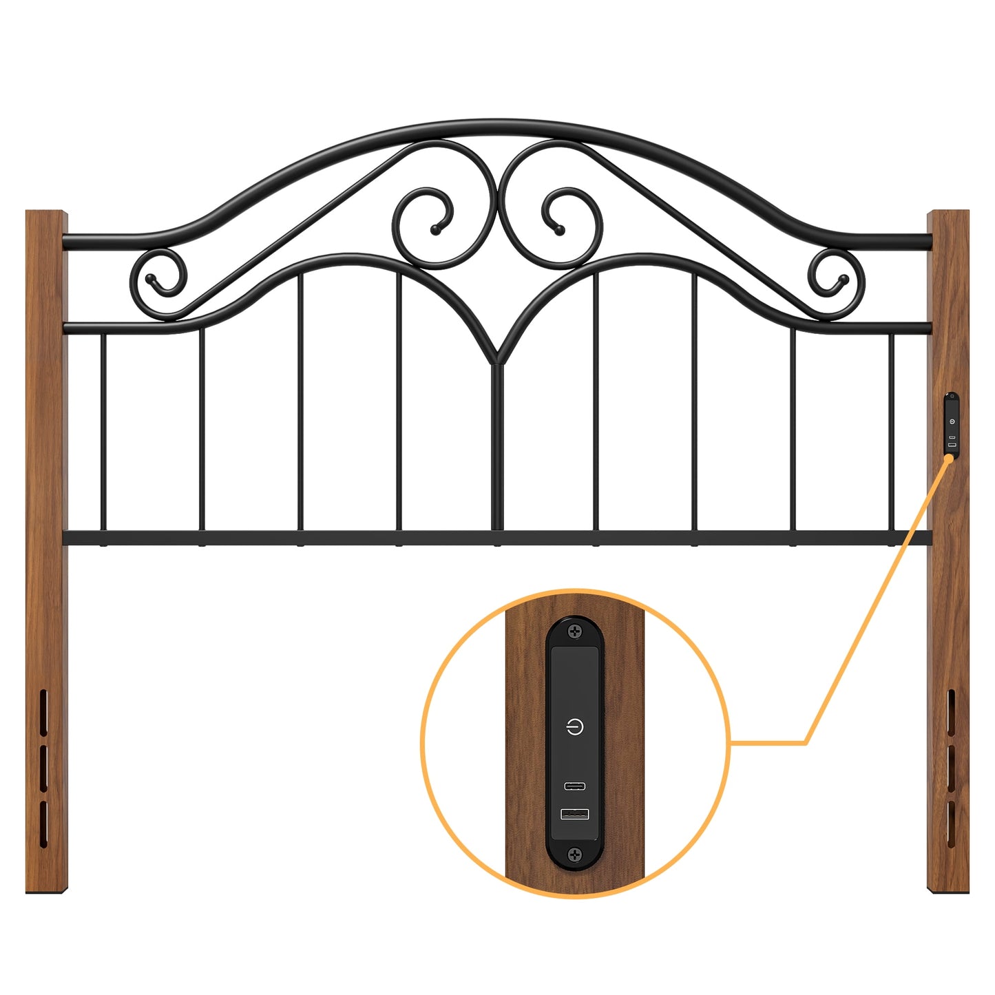 Yoneston Cabecera de Metal con Vetas de Madera Vintage TamaÃ±o Queen con Carga y DiseÃ±o de Ajuste de Altura de 3 Niveles, Negro