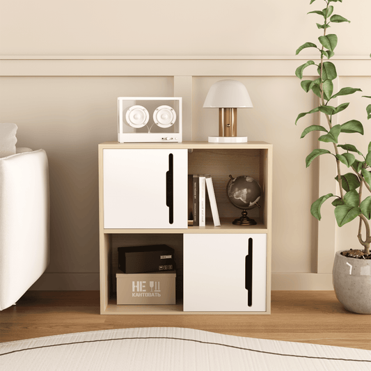 Yoneston Wooden Cube Storage Organizer with Doors, 2-Tier Open and Closed Shelves Bookshelf Cabinet for Living Room, Bedroom, Kids'Room, White