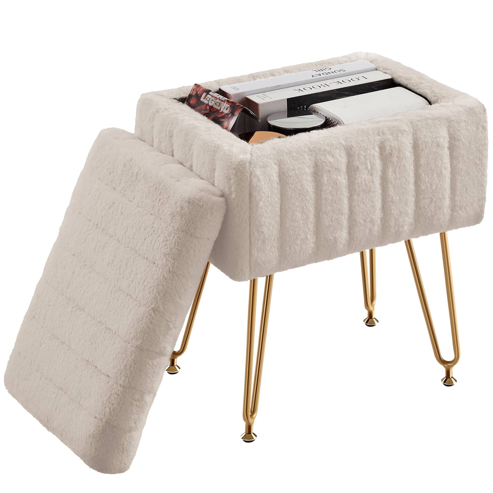 ZUNMOS Ottoman Vanity Stool Chair, with Storage, Modern Style Faux Fur Seat with 4 Metal Legs & Non-slip Feet for Living Room, Bedroom, Camel