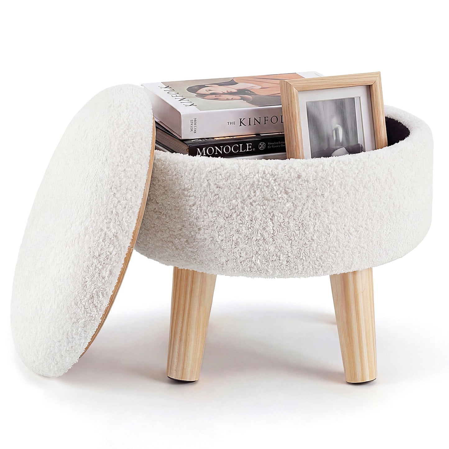 ZUNMOS Storage Ottoman - Modern Round Teddy Velvet Footrest with Soft Padded Seat, Wood Legs, Accent Small Table & Plant Stand for Hallway, Living Room, Black