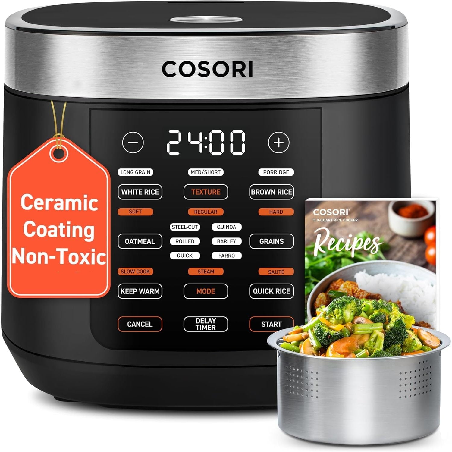 ZZJP Rice Cooker 10 Cup, 24h Keep Warm, 18 Functions Fuzzy Logic Rice Maker with Stainless Steel Steamer Basket, Sauté, Slow Cooker, Black