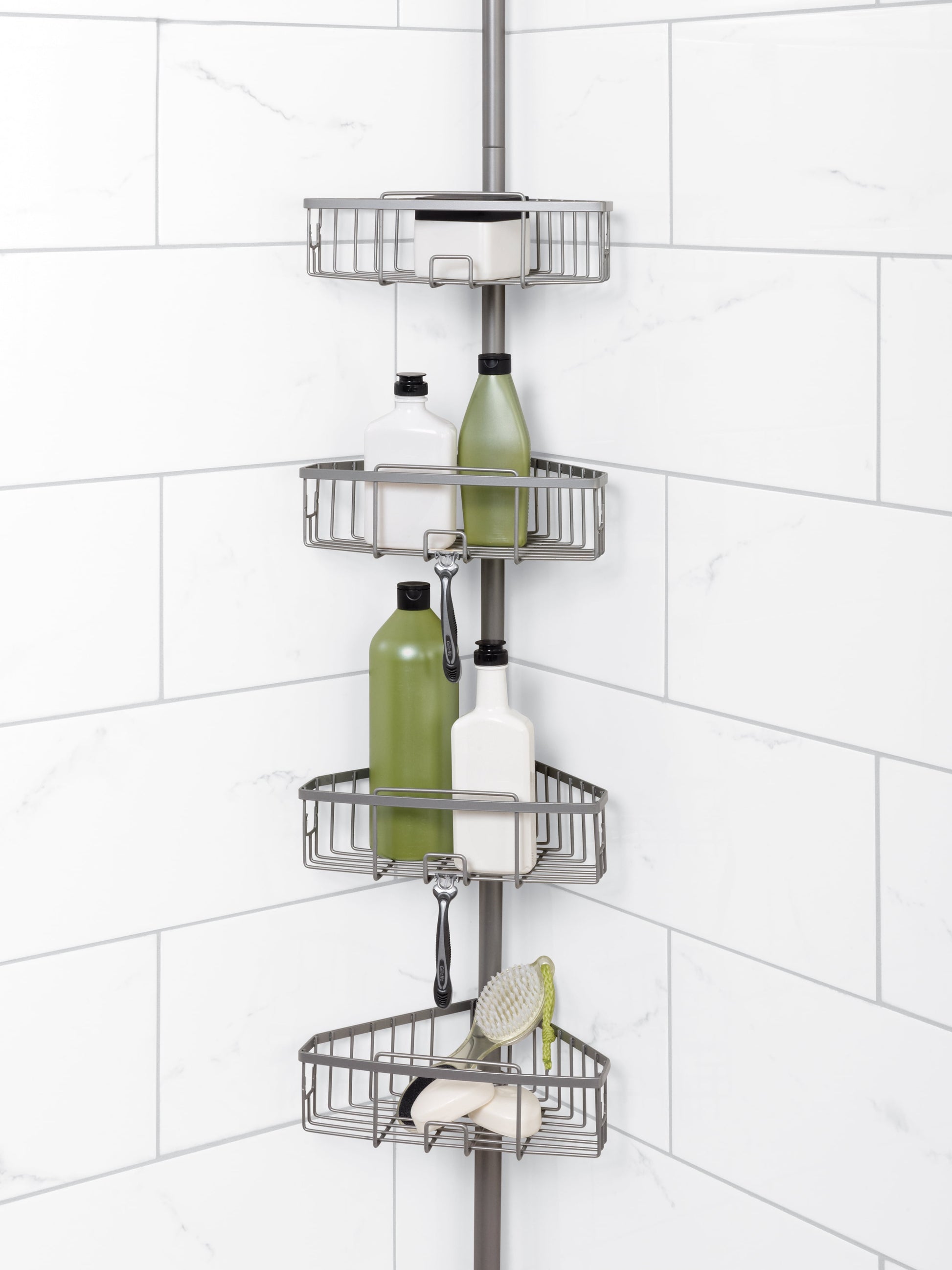 Zenna Home Satin Nickel Metal Tension Pole Shower Caddy with 4 Basket Shelves, Adjustable 5 - 9 Feet