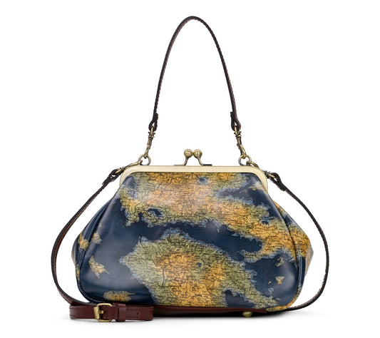 Patricia Nash Annie Frame Leather Crossbody inGreek Map
