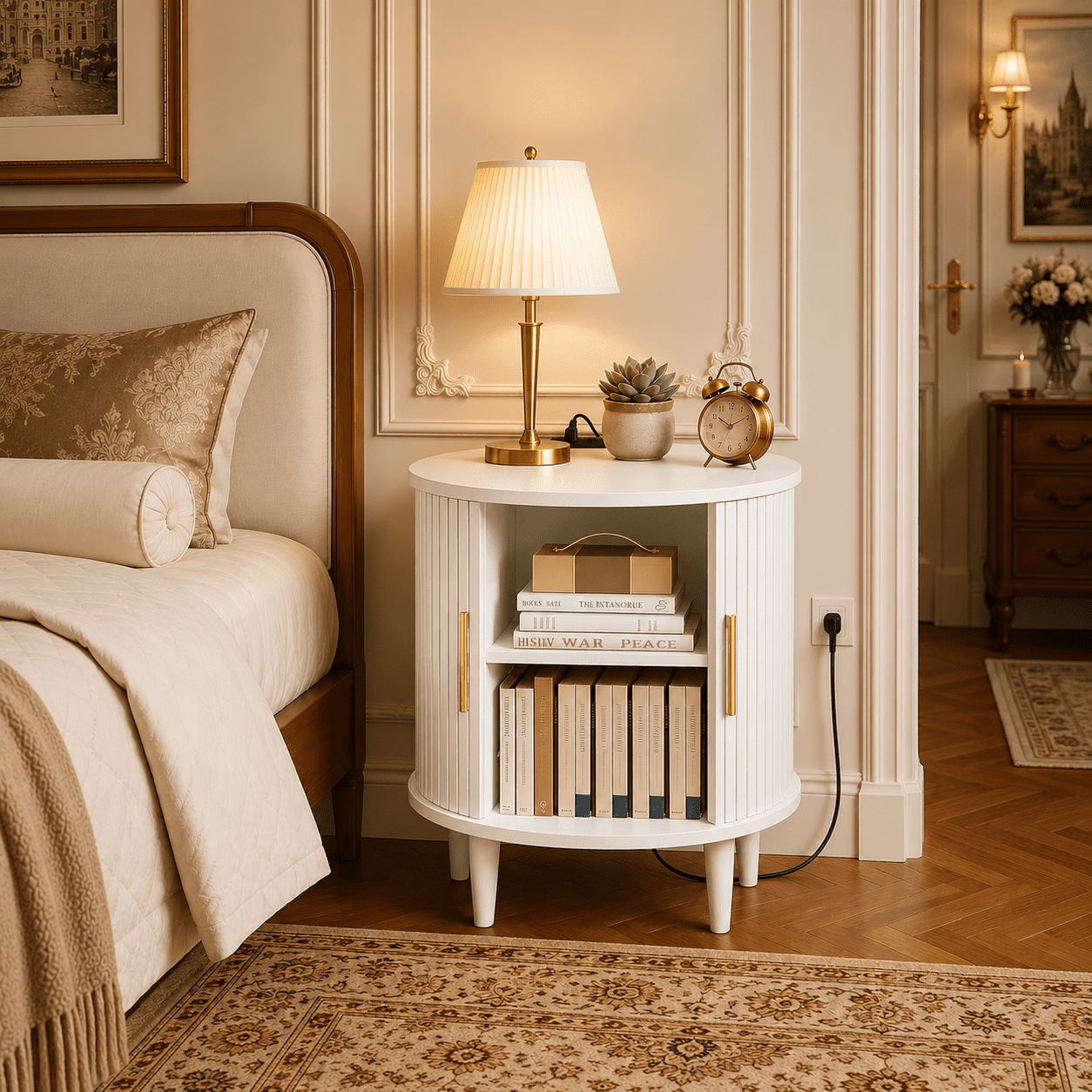 avobird Fluted Nightstand with Charging Station, Modern Side Table, Round Wood End Table with Drawer, Sliding Door & Adjustable Shelf for Living Room, Bedroom, White