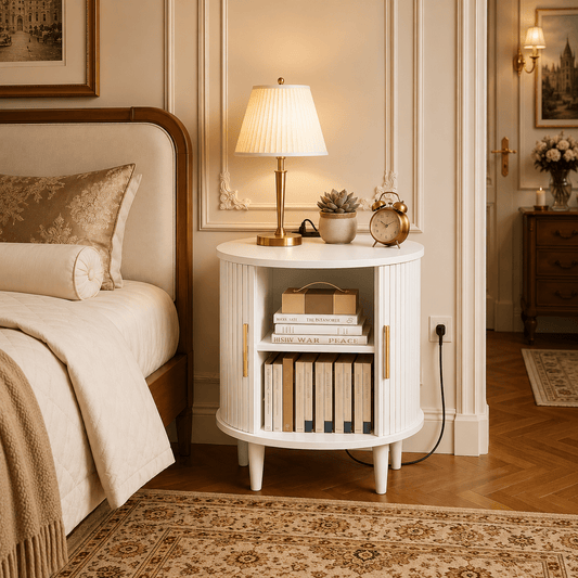 avobird Fluted Nightstand with Charging Station, Modern Side Table, Round Wood End Table with Drawer, Sliding Door & Adjustable Shelf for Living Room, Bedroom, White