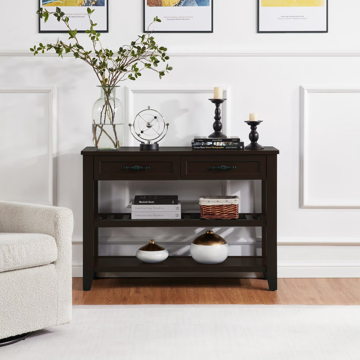 avobird Solid Wood Entryway Table,Features Two Open Shelves and Two Drawers,Vintage Design Table, Suitable for the Living Room,Light Coffee