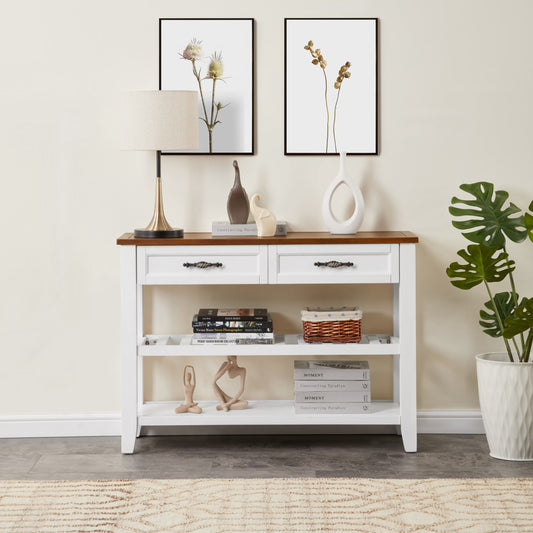 avobird Solid Wood Entryway Table,Features Two Open Shelves and Two Drawers,Vintage Design Table, Suitable for the Living Room,White