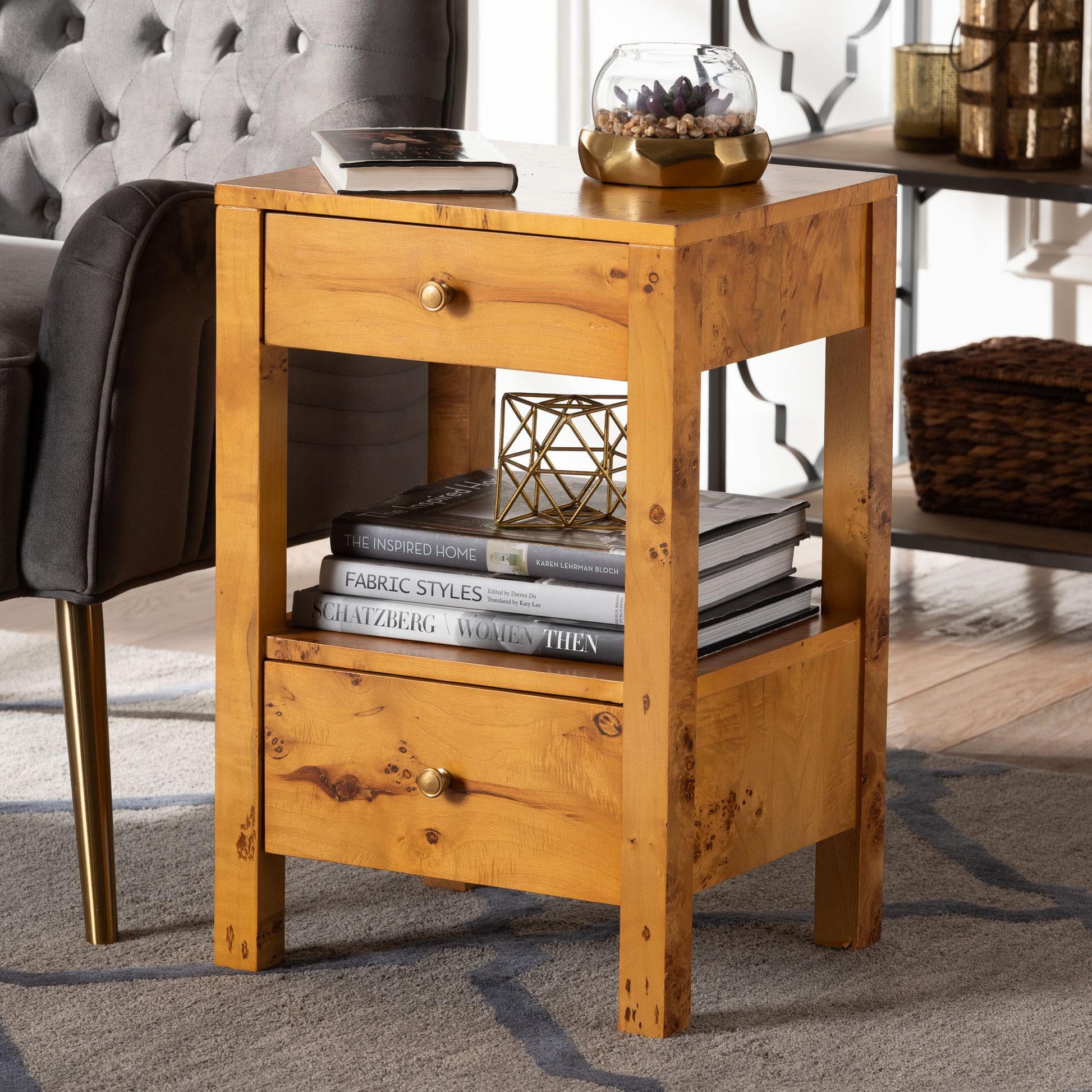 bali & pari Azmi Modern Nightstand, 2-Drawer, Light Mappa Burl