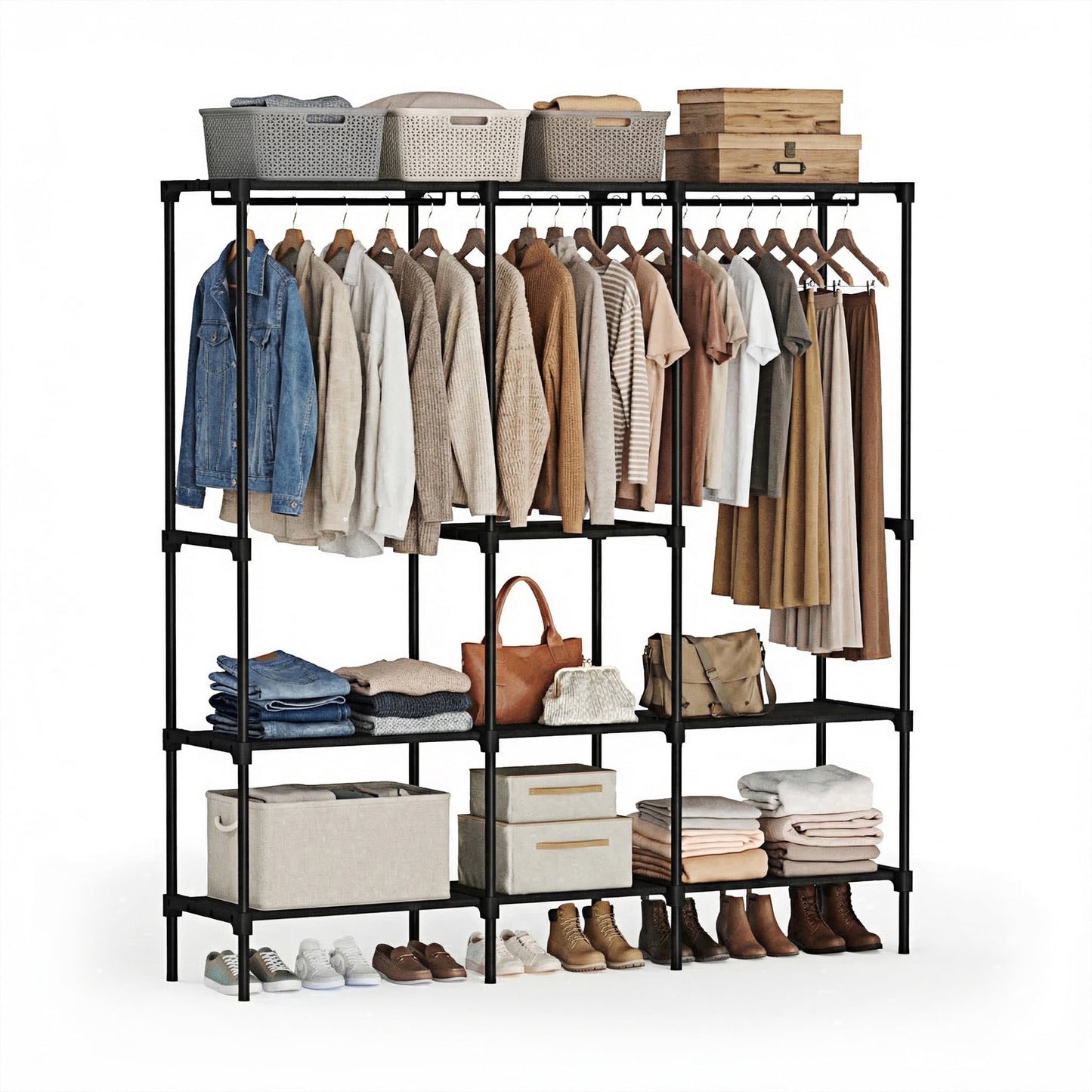 edx 3-Column Portable Closet Wardrobe, 72 inch Heavy Duty Clothes Storage Organizer with Hanging Rods and Shelves for Bedroom, Living Room, Entryway,Black