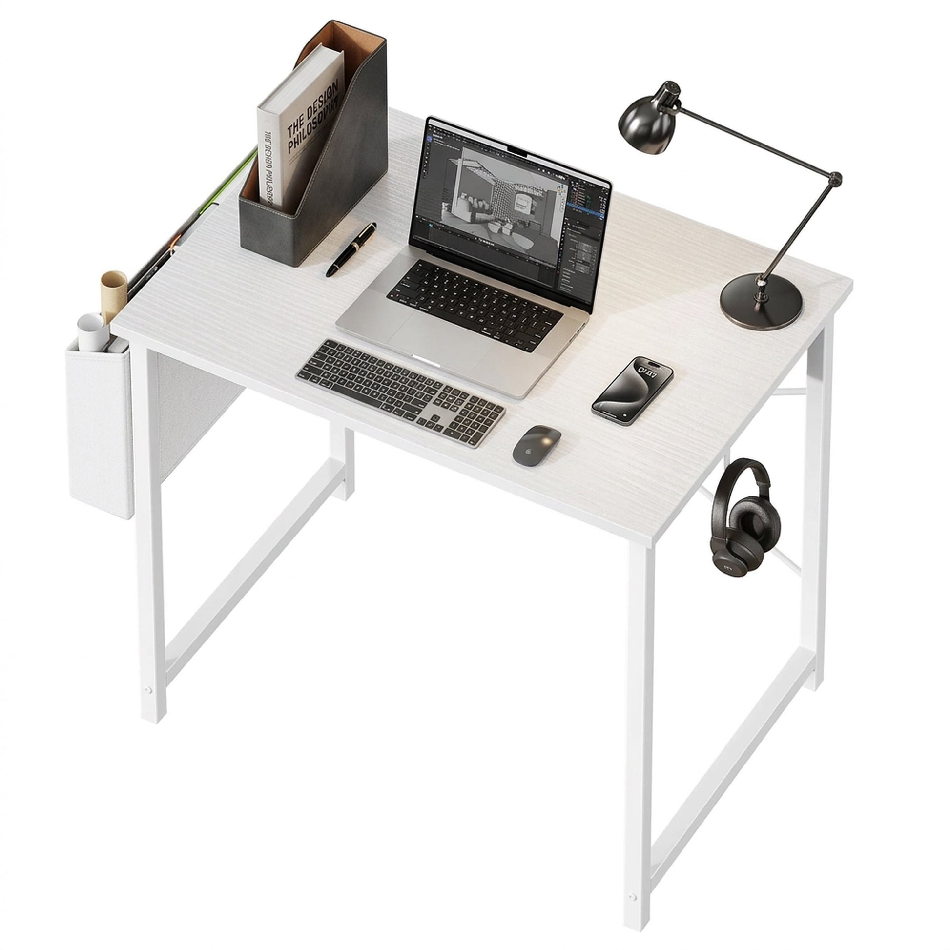 edx 31" Home Office Desk for Small Spaces, Computer Desk with Storage Bag & Hook, Modern Simple Style Study Writing Table for Bedroom, White