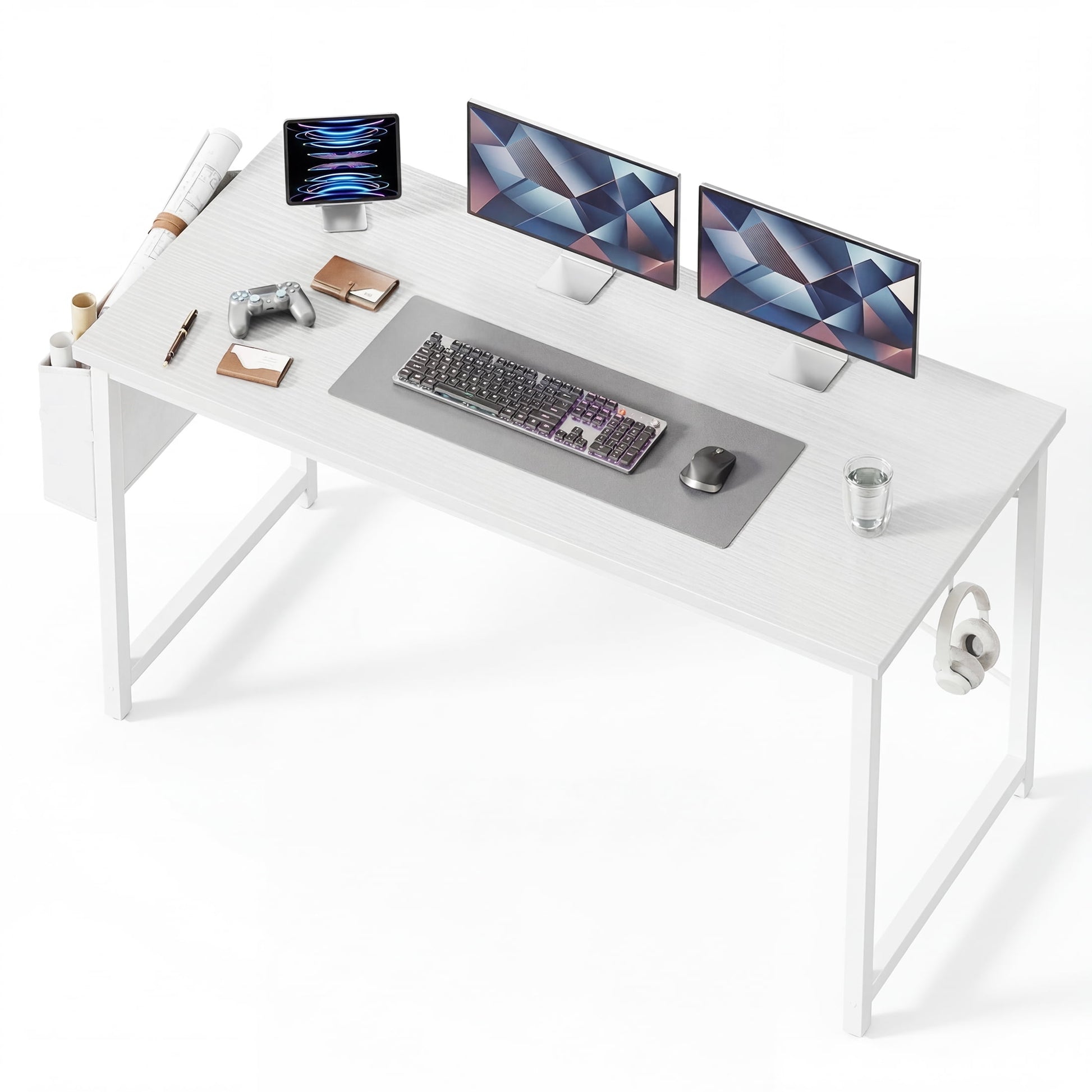 edx 55" Home Office Desk, Computer Desk with Storage Bag & Hook, Waterproof Top & Metal Frame, Modern Simple Study Writing Table for Bedroom, White
