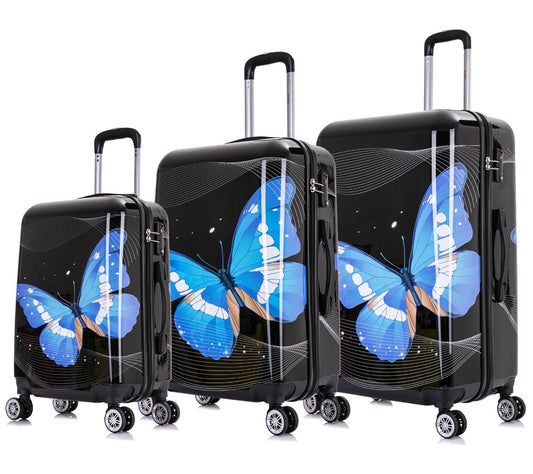 InUSA Black Butterfly Lightweight Hardside Spinner 3 Piece Set