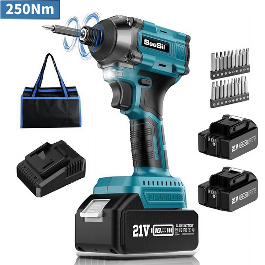 facega   Impact Driver, Seesii 21V Brushless Cordless Impact Driver Kit with Max Torque 2200 in-lbs, 1/4" Hex Chuck Power Impact Driver, 2X 4.0Ah Battery, 0-3000RPM Variable Speed, 20Pcs Driver Bits