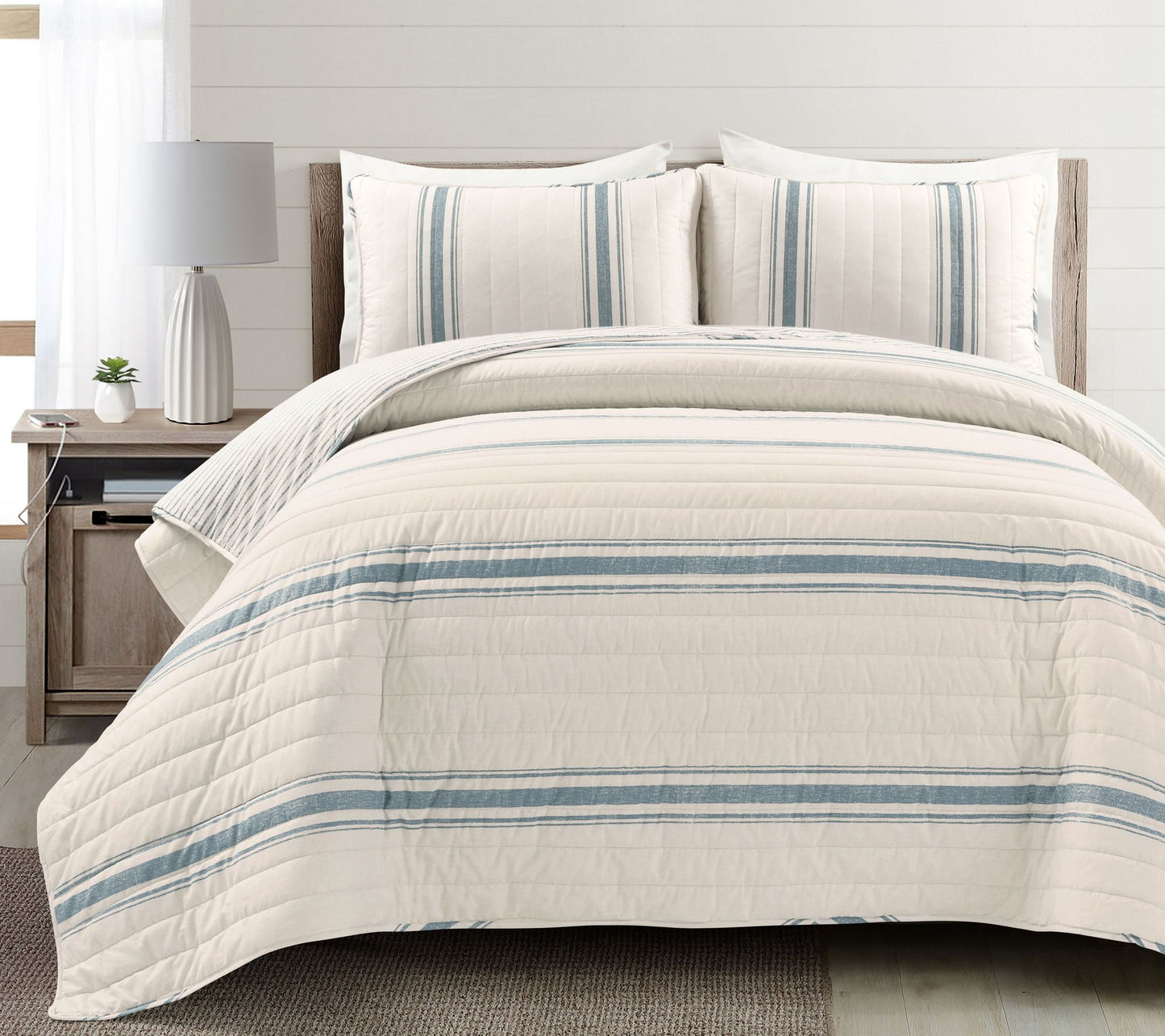 Farmhouse Stripe Reversible Cotton Quilt Blue 3Pc Set King