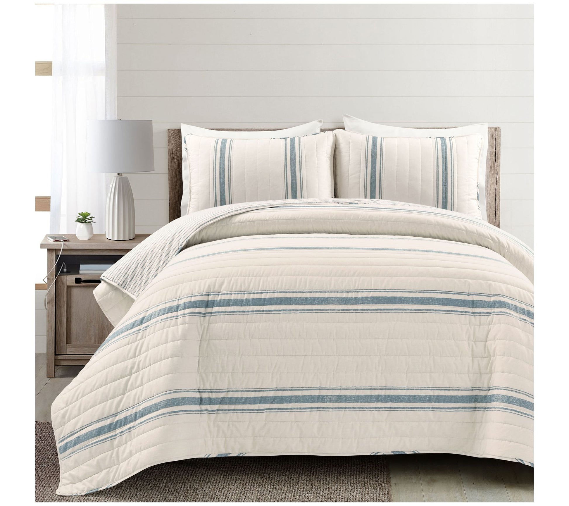 Farmhouse Stripe Reversible Cotton Quilt 3 Pc Set F/Q