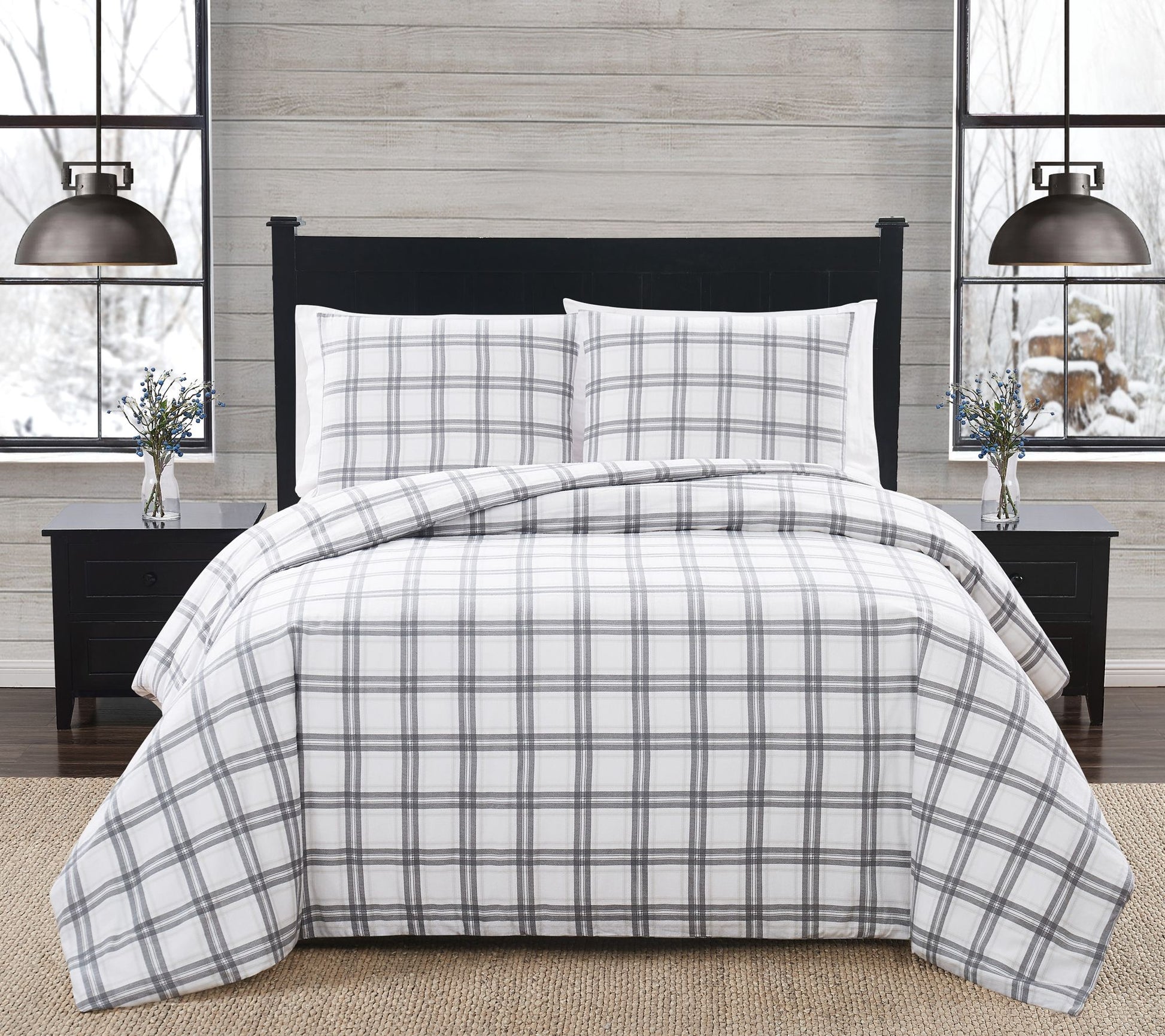 London Fog Grey Plaid Full/Queen 3 PC Flannel Comforter Set