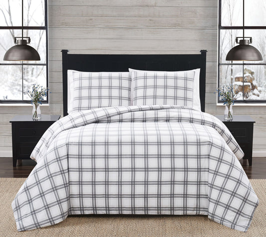London Fog Grey Plaid Full/Queen 3 PC Flannel Comforter Set