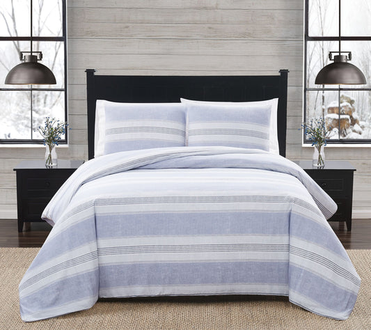 London Fog Blue Stripe Twin XL 2 Piece FlannelComforter Set