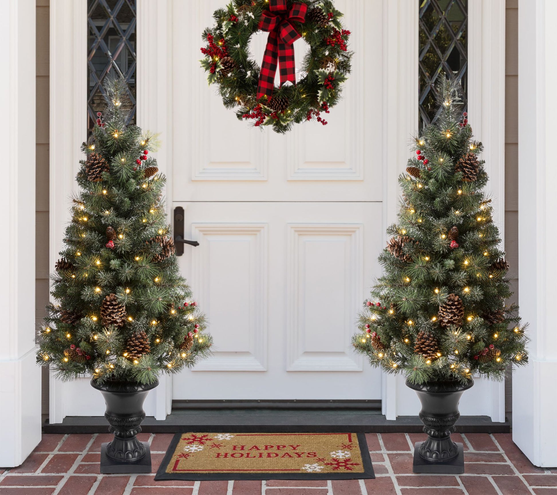 Glitzhome Set of 2 4' Flocked Pine Lighted FauxChristmas Tree