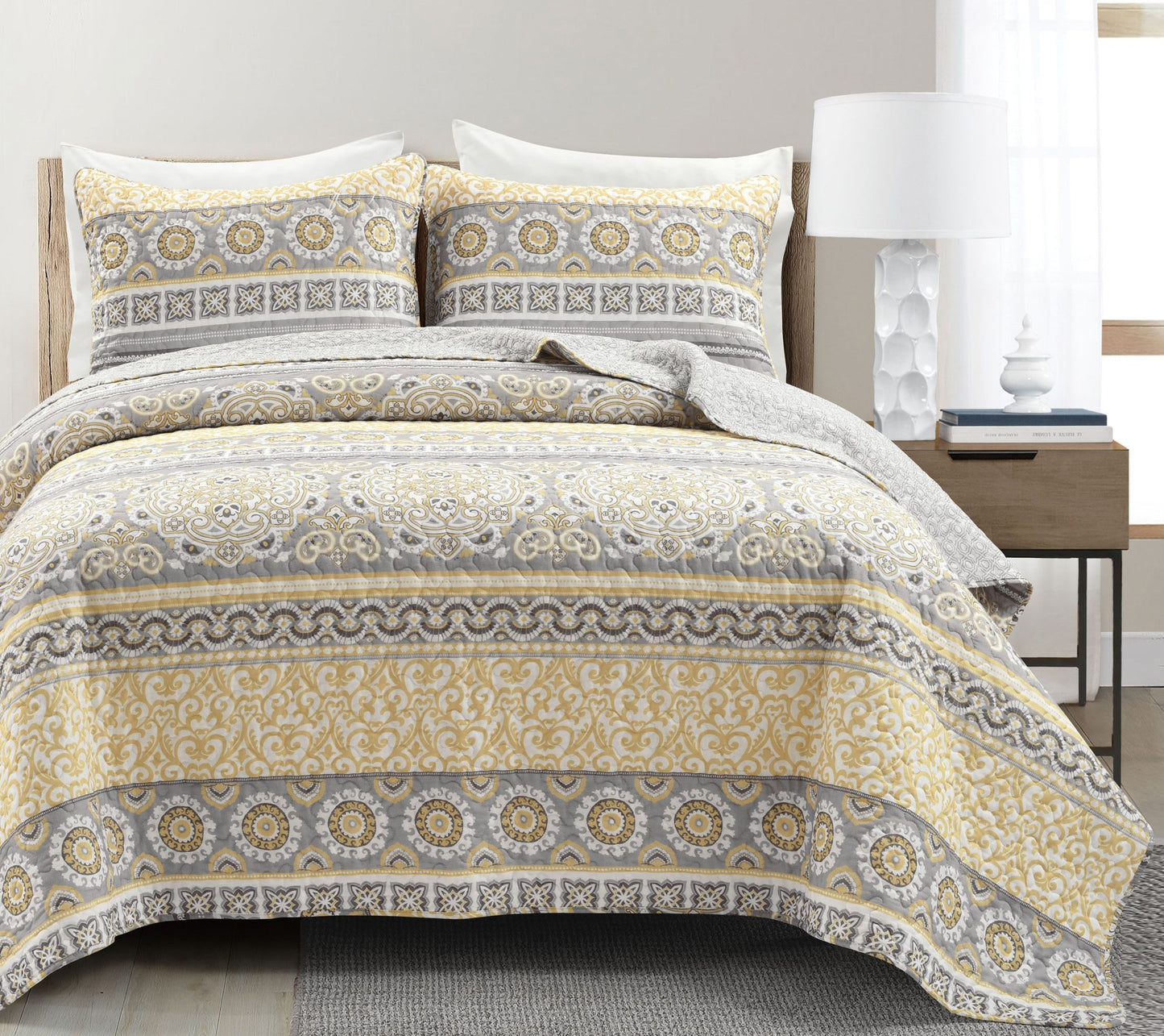 Nesco Stripe Reversible Cotton Quilt Yellow/Gray 3Pc Set King