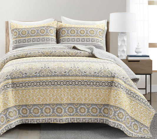 Nesco Stripe Reversible Cotton Quilt Yellow/Gray 3Pc Set King