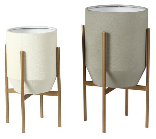 Luxen Home 2-Pc Round Gray/White Metal Planters and Gold Stand