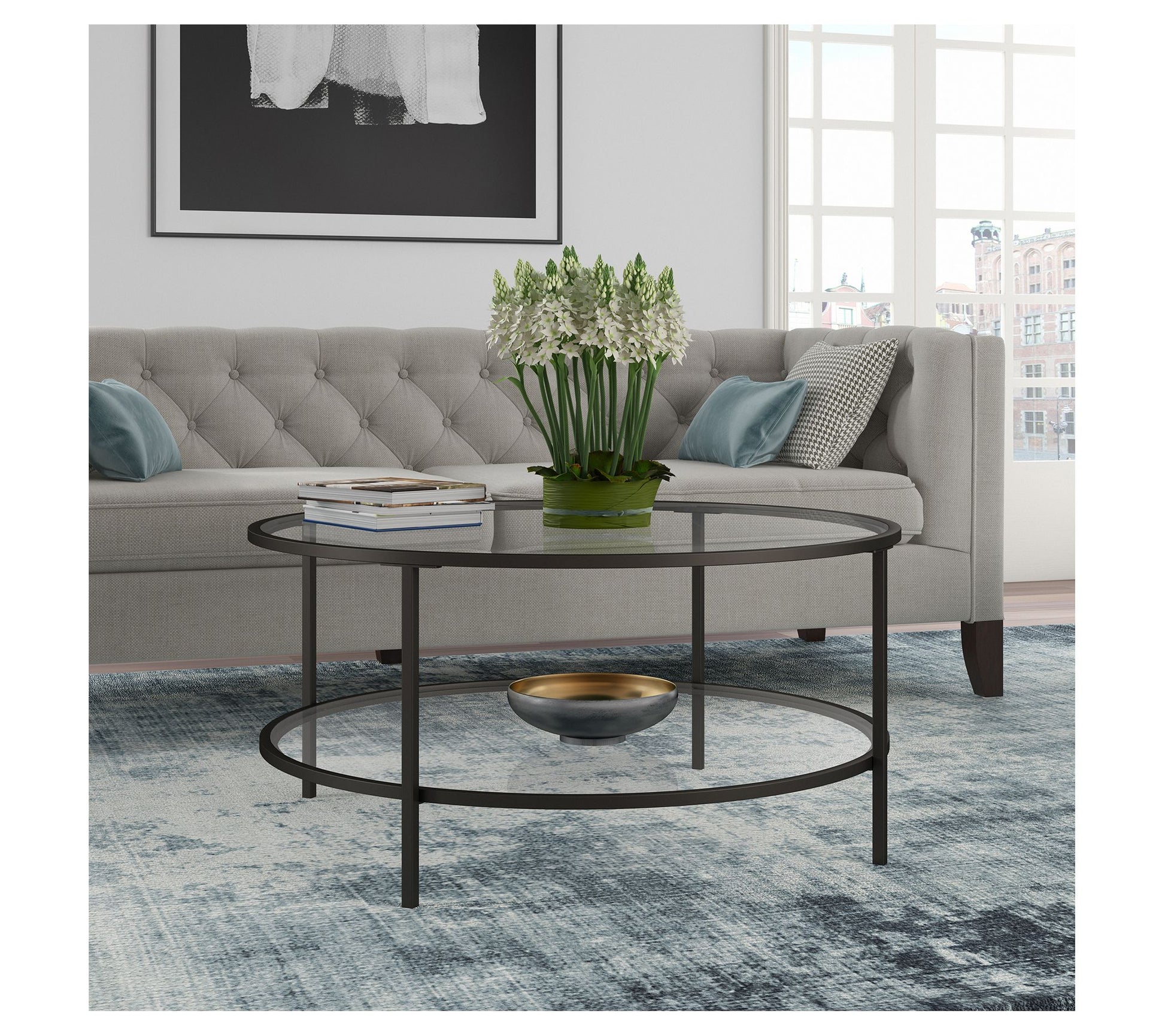 Hudson & Canal Sivil 36" Round Coffee Table W/Glass Shelf