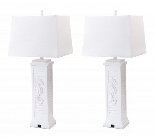 Set of 2 White Seahorse Shutter Base Table Lamps