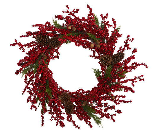 Nearly Natural 34" Cypress Wreath w/Berries/Pine Cones