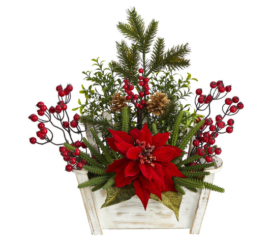 Nearly Natural 18 in. Poinsettia, Succulent & Berry in Planter