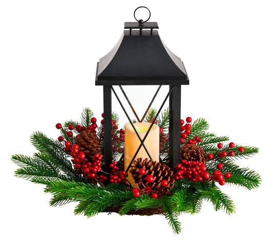 Nearly Natural 16" Berries, Pinecones & Greener y w/Lantern