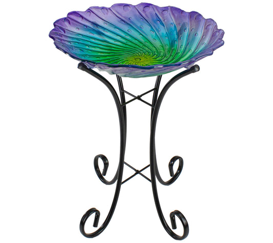 Northlight 18" Purple & Green Swirl Painted Glass Birdbath