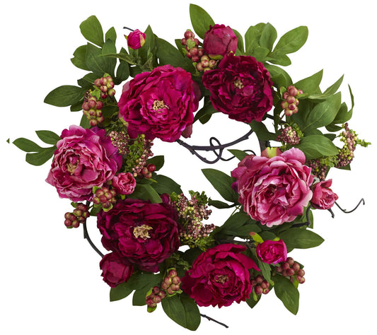 20'' Peony & Berry Wreath by Nearly Natural