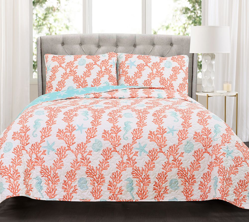Dina Coral 3-Piece FL/QN Blue/Coral Quilt Set by Lush Decor