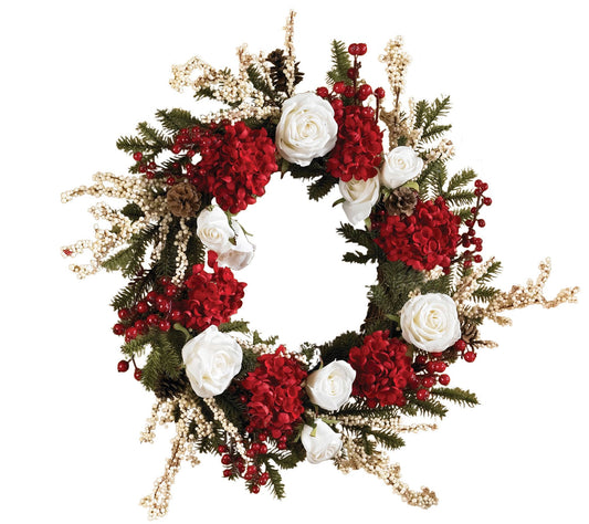 24" Hydrangea and White Rose Wreath by Nearly Natural