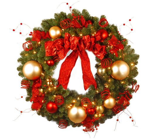 36" Cozy Christmas Wreath with Red and Clear Lights