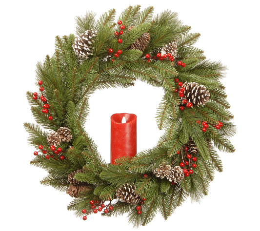 24" Bristle Berry Wreath with Single Candle